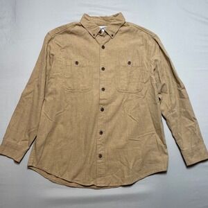 Duluth Trading Co Mens Long Sleeve Relaxed Fit Button Up Shirt Tan L Cotton